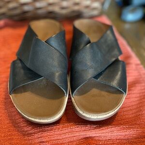 COPY - Fitflop Wedge Cork Slide Black Leather Cross Sandal